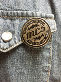 MC5 chrome and black hard enamel pin WITH lightening bolts on denim jacket