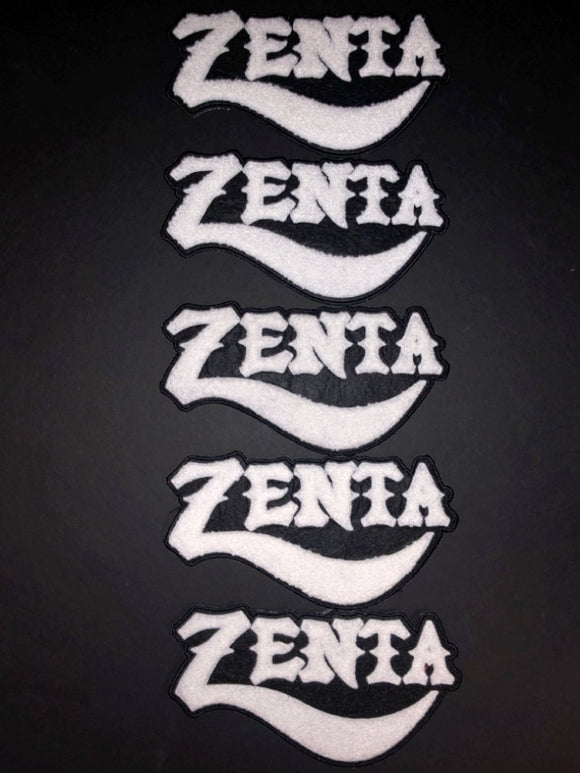 black and white zenta chenille patches cursive