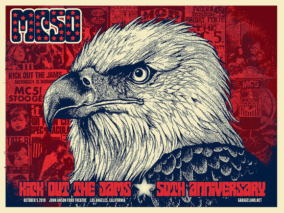 MC50th Ford Theatre Los Angeles GIG POSTER by Xray from Garageland with red white and blue bald eagle